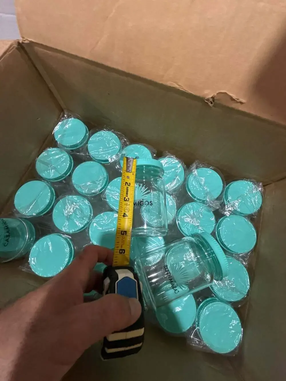 Casamigos Branded Turquoise Lid Glass Jars, Set of 27